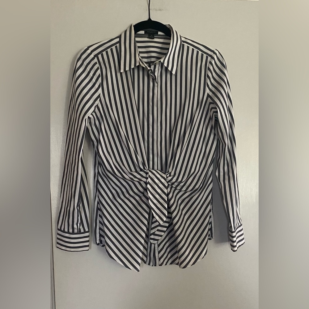 Striped Ann Taylor dark gray and white Twist-Front Women’s Shirt